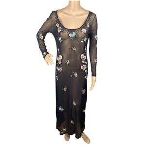 Vivienne Tam Vtg 90s RARE Black Mesh Floral Embroidered Maxi Dress SZ 2/S